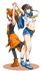 Rule 34 | 2girls, arc system works, arm up, armpits, bandana, belt, blue hair, blue sailor collar, boots, breasts, brown eyes, brown hair, dizzy (guilty gear), guilty gear, hat, isshiki eishin, long hair, may (guilty gear), medium breasts, multiple girls, orange hat, orange shirt, pantyhose, pirate hat, ponytail, sailor collar, shirt, shorts, simple background, small breasts, tanabota (tarusim), twintails, underboob, white background