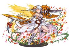 Rule 34 | 1girl, armor, bare shoulders, braid, dress, dual wielding, greaves, hino shinnosuke, holding, light valkyrie (p&amp;d), long hair, looking at viewer, official art, orange eyes, petals, puzzle &amp; dragons, rose petals, shield, silver hair, solo, sword, thorns, valkyrie, valkyrie (p&amp;d), very long hair, weapon, white dress, wings