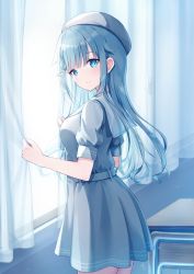 Rule 34 | 1girl, ahoge, beret, blue eyes, blue hair, blue theme, blush, braid, breasts, closed mouth, commentary request, cowboy shot, curtains, desk, dress, from side, grey dress, grey hat, grey sailor collar, hat, highres, indoors, long hair, looking at viewer, looking to the side, medium breasts, nonono (nononotea), original, puffy short sleeves, puffy sleeves, sailor collar, sailor dress, school desk, school uniform, short sleeves, smile, solo, standing, window