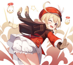 Rule 34 | 1girl, ;d, absurdres, ahoge, ass, backpack, bag, bent over, blonde hair, bloomers, blush, brown gloves, cabbie hat, commentary request, dress, feathers, genshin impact, gloves, hair between eyes, hat, hat feather, highres, klee (genshin impact), long hair, long sleeves, looking at viewer, looking back, low twintails, nam (nam990902), one eye closed, open mouth, outstretched arms, pointy ears, red dress, smile, solo, spread arms, star (symbol), twintails, underwear, white background, white bloomers, white feathers