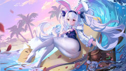 Rule 34 | 1girl, absurdres, animal ear hairband, animal ears, ass, azur lane, blue hairband, blue leotard, breasts, fake animal ears, from side, full body, hairband, highres, laffey (azur lane), laffey ii (azur lane), laffey ii (sleepy on a busy day) (azur lane), leotard, long hair, long sleeves, looking at viewer, manjuu (azur lane), official alternate costume, palm tree, pantyhose, playboy bunny, rabbit ears, red eyes, small breasts, solo, tree, twintails, very long hair, water, waves, white hair, white pantyhose, xiaoguolidun