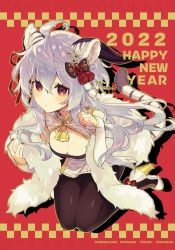 Rule 34 | 1girl, ahoge, alternate costume, animal ears, bell, black pantyhose, blue hair, blush, breasts, cleavage, collar, commentary request, ganyu (genshin impact), genshin impact, high heels, highres, horns, long hair, looking at viewer, memeno, nail polish, neck bell, new year, pantyhose, red eyes, solo, tail, tiger ears, tiger tail
