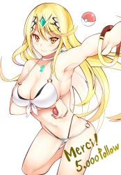 Rule 34 | 1girl, arm under breasts, bikini, blonde hair, blush, breasts, cleavage, cowboy shot, creatures (company), daive, english text, french text, front-tie bikini top, front-tie top, game freak, highres, large breasts, mythra (xenoblade), nintendo, o-ring, o-ring bikini, poke ball, poke ball (basic), pokemon, simple background, smile, solo, strap gap, swept bangs, swimsuit, thank you, tiara, white background, white bikini, xenoblade chronicles (series), xenoblade chronicles 2, yellow eyes