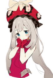 Rule 34 | 1girl, :o, blue eyes, blush, commentary, dress, english commentary, fate/grand order, fate (series), gloves, grey hair, hat, long hair, looking at viewer, marie antoinette (fate), mochii, parted lips, red dress, red gloves, simple background, sketch, solo, standing, upper body, very long hair, white background