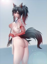 Rule 34 | 1girl, absurdres, animal ears, arknights, ass, bag, black hair, blush, breasts, brown eyes, casual one-piece swimsuit, closed mouth, cloud, cloudy sky, commentary request, day, elbow gloves, feet out of frame, female focus, gloves, gradient hair, highres, horizon, medium breasts, multicolored hair, ocean, one-piece swimsuit, outdoors, ponytail, red gloves, red hair, red one-piece swimsuit, see-through, shirt, shokuyou koori, short sleeves, shoulder bag, sidelocks, sky, solo, standing, swimsuit, swimsuit under clothes, tail, texas (arknights), white shirt, wolf ears, wolf girl, wolf tail