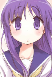 Rule 34 | 1girl, hinata yukari, long hair, looking at viewer, open mouth, purple eyes, purple hair, school uniform, serafuku, solo, tatsunokosso, yuyushiki
