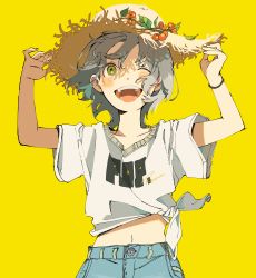 Rule 34 | 1girl, :d, absurdres, arms up, blue pants, denim, facing viewer, grey hair, hat, highres, jeans, looking up, magotsuki (hurray), open mouth, original, pants, shirt, simple background, smile, solo, straw hat, teeth, tied shirt, white shirt, wind, yellow background