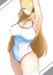 Rule 34 | 1girl, arm up, armpits, blonde hair, breasts, cleavage, closed mouth, commentary, covered navel, creatures (company), curvy, cynthia (pokemon), game freak, grey eyes, groin, hair ornament, hair over one eye, highres, large breasts, long hair, looking at viewer, nintendo, one-piece swimsuit, pokemon, pokemon dppt, smile, solo, swimsuit, tatsu (user rjes8545), thighhighs, thighs, very long hair, white one-piece swimsuit, white thighhighs