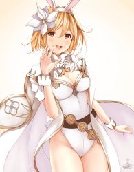 Rule 34 | 1girl, :d, animal ears, belt, blonde hair, blush, breasts, brown eyes, cape, cleavage, cowboy shot, djeeta (granblue fantasy), fake animal ears, flower, gradient background, granblue fantasy, groin, hair between eyes, hair flower, hair intakes, hair ornament, hairband, hand up, highres, leotard, looking at viewer, medium breasts, open mouth, rabbit ears, sage (granblue fantasy), short hair, signature, smile, solo, standing, suzume (simple0091), thigh gap, thighs, white background, white cape, white flower, white leotard, wrist cuffs