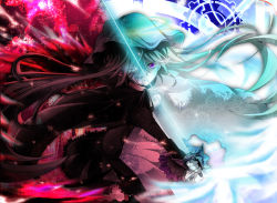 Rule 34 | 1girl, black dress, blue theme, dress, energy sword, frilled sleeves, frills, hatsune miku, heaven or hell (vocaloid), holding, holding sword, holding weapon, hood, long hair, long sleeves, looking at viewer, mariwai (marireroy), purple eyes, red theme, shinri ibitsu, solo, split screen, split theme, sword, very long hair, vocaloid, weapon