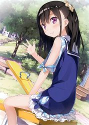 Rule 34 | 1girl, absurdres, bare shoulders, bench, black hair, blue dress, blush, day, dress, dutch angle, from behind, highres, kantoku, looking at viewer, looking back, original, park, playground, ponytail, purple eyes, school uniform, scrunchie, seesaw, shizuku (kantoku), sitting, smile, solo, stairs, tree, waving