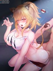 Rule 34 | 1boy, 1girl, animal ears, arknights, ass, ass grab, blonde hair, blush, breasts, censored, clothed female nude male, clothed sex, collar, collarbone, fur-trimmed shorts, fur trim, hetero, high ponytail, highres, large breasts, lion ears, lion girl, lion tail, looking at viewer, mosaic censoring, nipples, nude, open mouth, penis, rebe11, red shorts, sex, short hair, shorts, siege (arknights), solo focus, strap slip, studded collar, tail, tank top, white tank top, yellow eyes
