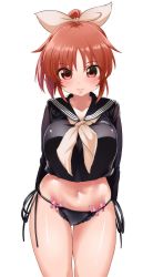 Rule 34 | 1girl, abe nana, arms behind back, black panties, black sailor collar, black serafuku, black shirt, bow, breasts, brown bow, brown eyes, brown hair, brown neckerchief, closed mouth, commentary request, curvy, eyes visible through hair, gluteal fold, hair bow, highres, idolmaster, idolmaster cinderella girls, large breasts, long sleeves, looking at viewer, midriff, navel, neckerchief, no pants, panties, ponytail, sailor collar, school uniform, serafuku, shift (waage), shiny skin, shirt, short hair, side-tie bottom, side-tie panties, simple background, solo, standing, thick thighs, thighs, underwear, white background