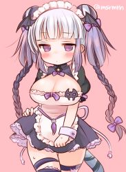 Rule 34 | 1girl, alternate costume, bad id, bad pixiv id, black hair, breasts, cleavage, cleavage cutout, clothing cutout, double bun, enmaided, female focus, hair bun, haku (p&amp;d), head wings, large breasts, long hair, maid, mashiro miru, multicolored hair, purple eyes, puzzle &amp; dragons, simple background, solo, tail, thighhighs, tiger tail, white hair, wings, zettai ryouiki