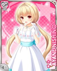 Rule 34 | 1girl, :d, anniversary, beads, blonde hair, blue bow, bow, card, character name, dress, girlfriend (kari), gloves, headband, nishino ayane, official art, open mouth, pink background, qp:flapper, red eyes, smile, standing, tagme, twintails, white dress, white gloves