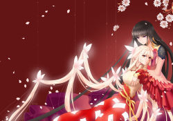 Rule 34 | 2girls, absurdly long hair, alternate costume, alternate eye color, alternate hair ornament, black hair, blunt bangs, branch, brown hair, bug, butterfly, chinese clothes, flower, frilled sleeves, frills, fujiwara no mokou, grabbing another&#039;s hair, hime cut, houraisan kaguya, insect, layered sleeves, leaning on person, long hair, multiple girls, multiple sleeves, pants, petals, platinum blonde hair, pping, red background, red pants, ribbon, signature, simple background, touhou, very long hair, wide sleeves, yellow ribbon, yuri