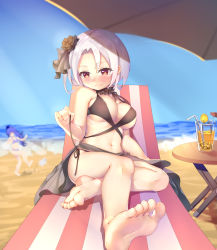 Rule 34 | 2girls, absurdres, areola slip, bad id, bad pixiv id, bare arms, bare legs, bare shoulders, barefoot, beach, beach umbrella, bendy straw, bikini, black bikini, black flower, black ribbon, black rose, blue bikini, blue hair, blue sky, blurry, blurry background, blush, breasts, brown eyes, chair, character request, cleavage, closed mouth, cocktail umbrella, commentary request, cup, day, depth of field, drink, drinking glass, drinking straw, feet, flower, foot focus, foreshortening, hair flower, hair ornament, hair ribbon, highres, horizon, ice, ice cube, legs, long hair, lounge chair, medium breasts, multiple girls, navel, nose blush, ocean, outdoors, ray (pixiv9514208), ribbon, rose, sand, side-tie bikini bottom, silver hair, sitting, sky, smile, soles, solo focus, swimsuit, table, umbrella, untying, very long hair, vittorio veneto (warship girls r), warship girls r, water