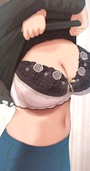 Rule 34 | 1girl, black bra, black shirt, bra, breasts, brown hair, cleavage, clothes lift, commentary request, denim, floral print, head out of frame, highres, jeans, lace, lace-trimmed bra, lace trim, large breasts, lifted by self, lingerie, long hair, midriff, navel, original, pants, ryokucha michi, shirt, shirt lift, solo, two-tone bra, underwear, undressing, white bra