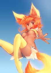 Rule 34 | 10s, 1girl, animal ears, breasts, creatures (company), dark-skinned female, dark skin, denim, denim shorts, fennekin, foreshortening, fox ears, fox tail, game freak, gen 6 pokemon, large breasts, legs, looking at viewer, nintendo, no bra, open mouth, outstretched hand, personification, pokemon, pokemon xy, red eyes, red hair, ricegnat, short shorts, shorts, solo, tail, thighhighs, thighs, underboob, upshirt, yellow thighhighs