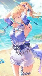 Rule 34 | 1girl, anbe yoshirou, armpits, arms up, bare shoulders, beach, belt, blonde hair, blue sky, bow, breasts, chain, cleavage, cleavage cutout, closed eyes, closed mouth, clothing cutout, detached sleeves, genshin impact, hair bow, high-waist shorts, high ponytail, highres, jean (genshin impact), jean (sea breeze dandelion) (genshin impact), large breasts, outdoors, ponytail, rock, sand, shirt tucked in, shore, shorts, sidelocks, sky, smile, solo, thighs, water