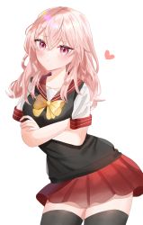 Rule 34 | absurdres, black thighhighs, black vest, blush, bow, bowtie, closed mouth, collarbone, contrapposto, crossed arms, crossed bangs, highres, inui sajuna, long hair, pink eyes, pink hair, pleated skirt, red sailor collar, red skirt, sailor collar, school uniform, serafuku, short sleeves, simple background, skirt, sono bisque doll wa koi wo suru, thighhighs, thighs, vest, wellski, white background, yellow bow, yellow bowtie, zettai ryouiki