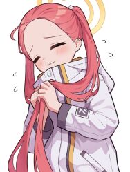 Rule 34 | 1girl, absurdres, blue archive, blush, closed eyes, closed mouth, flying sweatdrops, halo, highres, jacket, long hair, long sleeves, red hair, simple background, solo, tadashisa, upper body, white background, white jacket, yellow halo, yuzu (blue archive)