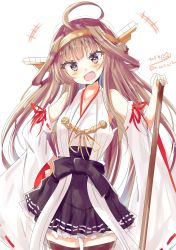 Rule 34 | 1girl, ahoge, blush, boots, braid, braided bun, brown hair, commentary request, detached sleeves, double bun, hair bun, hairband, hand on own hip, headgear, highres, hizaka, japanese clothes, kantai collection, kongou (kancolle), kongou kai ni (kancolle), long hair, looking at viewer, mop, nontraditional miko, one-hour drawing challenge, open mouth, pleated skirt, purple eyes, ribbon-trimmed sleeves, ribbon trim, simple background, skirt, solo, thigh boots, thighhighs, twitter username, white background