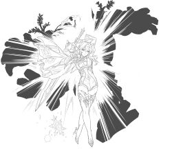 Rule 34 | 1girl, arms up, boots, breasts, cape, center opening, chest harness, cosmic bear, crossed legs, eula (genshin impact), full body, genshin impact, greatsword, greyscale, hair between eyes, hair ornament, hairband, harness, head tilt, high-waist shorts, highres, holding, holding sword, holding weapon, long sleeves, medium breasts, medium hair, monochrome, ruin guard (genshin impact), serious, shorts, sidelocks, silhouette, simple background, solo, song of broken pines (genshin impact), standing, sunburst, sword, sword behind back, thigh boots, watson cross, weapon, white background, wide sleeves