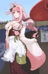 Rule 34 | 1girl, absurdres, alternate design, apron, bell orgel, blush, braid, breasts, bright pupils, cherry blossoms, cleavage, collarbone, commentary, dryad, dryad (monster girl encyclopedia), flower, highres, holding, holding tray, japanese clothes, kimono, large breasts, long hair, long sleeves, looking at viewer, medium breasts, monster girl encyclopedia, oil-paper umbrella, outdoors, pink eyes, pink hair, plant, pointy ears, sidelocks, solo, tray, umbrella, very long hair, white pupils, wide sleeves