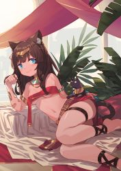 Rule 34 | 1girl, animal ear fluff, animal ears, armlet, barefoot, blue eyes, bracelet, breasts, brown hair, cat, cat ears, cat tail, choker, closed mouth, dark-skinned female, dark skin, headpiece, jewelry, long hair, looking at viewer, navel, original, peroncho, small breasts, solo, tail, thigh strap