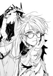 Rule 34 | 1girl, chae 88in, creature, eyewear strap, glasses, gloves, greyscale, hand on own chin, head rest, highres, long hair, looking at viewer, monochrome, original, parted lips, simple background