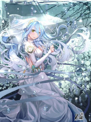 Rule 34 | 1girl, aqua hair, artist name, azura (fire emblem), backless dress, backless outfit, branch, breasts, bridal gauntlets, bubble, detached collar, dress, fingerless gloves, fire emblem, fire emblem fates, flower, gloves, hand on own chest, highres, kero sweet, long hair, looking at viewer, nintendo, sash, signature, smile, solo, underwater, veil, white gloves, yellow eyes