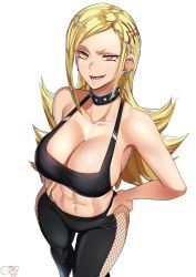 Rule 34 | 1girl, 2022, abs, bare arms, bare shoulders, black pants, black tank top, blonde hair, breasts, castell, cleavage, collar, collarbone, ear piercing, fishnets, highres, kamiunten mira, large breasts, long hair, looking at viewer, mato seihei no slave, midriff, navel, open mouth, panties, pants, panty peek, parted bangs, piercing, raised eyebrow, sideboob, signature, smile, solo, spiked collar, spikes, sweat, tank top, tight clothes, tight pants, toned, underwear, white background, yellow eyes