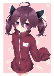 Rule 34 | 1girl, ahoge, blush, brown hair, brown jacket, closed mouth, commentary request, floral background, hair between eyes, headgear, highres, jacket, long sleeves, looking at viewer, milkpanda, name tag, pink background, purple eyes, sleeves past fingers, sleeves past wrists, smile, solo, standing, touhoku kiritan, track jacket, twintails, two-tone background, voiceroid, white background