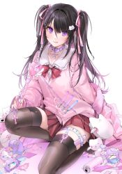 Rule 34 | 1girl, bag, black hair, black thighhighs, blouse, bow, braid, can, cardigan, cat hair ornament, chain, character doll, character name, collar, collared shirt, ear piercing, frilled collar, frills, gradient hair, hair ornament, highres, licking lips, long hair, luna (unxi), multicolored hair, nail art, original, phone, piercing, pill, pink cardigan, pink ribbon, pleated skirt, purple eyes, purple hair, red bow, red skirt, ribbon, shirt, shoulder bag, signature, simple background, skirt, stuffed animal, stuffed cat, stuffed toy, thighhighs, tongue, tongue out, two side up, unxi, violeta (unxi), wand, white background, white shirt