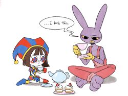 Rule 34 | 1boy, 1girl, :c, brown hair, cake, colored sclera, commentary request, crossed legs, cup, english text, food, haep0510, hat, heterochromia, highres, holding, holding cup, jax (the amazing digital circus), jester, jester cap, korean commentary, pale skin, pomni (the amazing digital circus), rabbit, simple background, sitting, teacup, teapot, the amazing digital circus, white background, yellow sclera