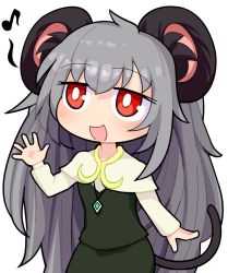 Rule 34 | 1girl, animal ears, blush, cookie (touhou), cowboy shot, dress, grey hair, hair between eyes, hospital king, long hair, long sleeves, mouse ears, mouse girl, mouse tail, musical note, nazrin, nyon (cookie), open mouth, red eyes, sidelocks, smile, tail, touhou, very long hair, waving