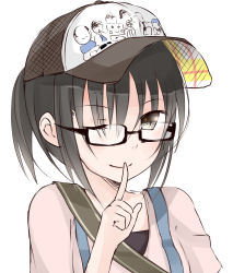 Rule 34 | 1girl, ;), black eyes, black hair, finger to mouth, glasses, haine, hat, highres, looking at viewer, one eye closed, original, ponytail, sketch, smile, solo, upper body, white background, wink