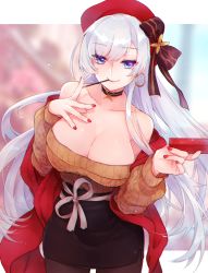 Rule 34 | 1girl, aran sweater, azur lane, belfast (azur lane), belfast (shopping with the head maid) (azur lane), beret, black pantyhose, black skirt, blue eyes, blush, breasts, brown sweater, cable knit, choker, cleavage, collarbone, commentary request, earrings, floating hair, food, hand on own chest, hat, highres, hoop earrings, jewelry, large breasts, long hair, looking at viewer, nail polish, off-shoulder sweater, off shoulder, pantyhose, pencil skirt, pocky, red hat, red nails, shawl, shichijou natori, silver hair, skirt, smile, solo, standing, sweater, very long hair