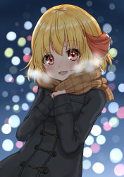 Rule 34 | 1girl, :d, alternate costume, black coat, blonde hair, blurry, blush, bokeh, breath, coat, commentary request, depth of field, dutch angle, eyes visible through hair, fang, gradient background, hair ribbon, highres, looking at viewer, medium hair, nose blush, open mouth, own hands together, plaid, plaid scarf, red eyes, red ribbon, ribbon, rumia, scarf, scarlet mirin, smile, touhou, upper body