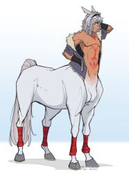 Rule 34 | 1boy, animal ears, arm up, bandaged leg, bandages, black gloves, black hairband, blue background, blue eyes, body markings, caenis (fate), centaur, closed mouth, collarbone, commentary, dark-skinned male, dark skin, elbow gloves, english commentary, fate/grand order, fate (series), full body, fur-trimmed jacket, fur trim, genderswap, genderswap (ftm), gloves, gradient background, grey jacket, hair between eyes, hair intakes, hairband, hand in pocket, highres, horse tail, jacket, male focus, medium hair, monster boy, monsterification, multiple legs, navel, neon (theneonflower), off shoulder, open clothes, open jacket, shadow, short sleeves, sidelocks, silver hair, solo, standing, stomach, tail, taur, twitter username, watermark, white background