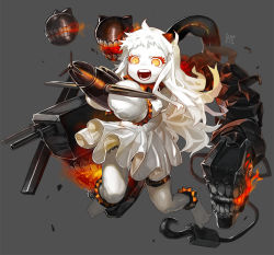 Rule 34 | 10s, 1girl, :d, abyssal ship, aircraft, airplane, black panties, colored skin, dress, fire, horns, kantai collection, long hair, machinery, mittens, northern ocean princess, open mouth, orange eyes, panties, side-tie panties, smile, solo, turret, underwear, white dress, white hair, white skin, zyunya