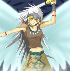 Rule 34 | 1girl, arm up, armpits, blonde hair, choker, collarbone, duel monster, facial mark, feathers, female focus, groin, guardian eatos, headdress, holding, jewelry, looking at viewer, midriff, native american clothes, navel, necklace, outstretched arm, shoulder pads, skirt, solo, sword, tank top, tattoo, weapon, wings, wristband, yellow eyes, yu-gi-oh!, yuu-gi-ou, yu-gi-oh! duel monsters