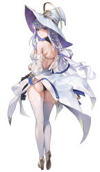 Rule 34 | 1girl, absurdres, ass, azur lane, backless dress, backless outfit, black panties, blue eyes, breasts, crescent, crescent earrings, detached sleeves, dress, earrings, from behind, gold footwear, guichen (azur lane), hat, highres, jewelry, large breasts, light purple hair, long hair, looking at viewer, looking back, mole, mole under mouth, panties, see-through, see-through sleeves, simple background, sleeveless, sleeveless dress, solo, sssong aa, thighhighs, underwear, white background, white dress, white hat, white thighhighs, witch hat