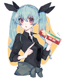 Rule 34 | 1girl, absurdres, anchovy (girls und panzer), anzio military uniform, bad id, bad twitter id, belt, black necktie, black ribbon, clothes around waist, cropped torso, drill hair, food, girls und panzer, green hair, grey jacket, hair ribbon, highres, holding, holding food, jacket, jacket around waist, long hair, long sleeves, looking at viewer, loose necktie, military, military uniform, necktie, noodles, notice lines, open mouth, pointing, red eyes, ribbon, sam browne belt, sleeves rolled up, solo, standing, tsunami samemaru, twin drills, twintails, uniform