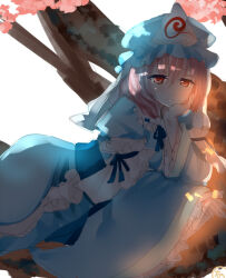 Rule 34 | 1girl, blue hat, blue kimono, cherry blossoms, closed mouth, frilled kimono, frills, half-closed eyes, hat, japanese clothes, kimono, long sleeves, looking at viewer, mob cap, nagare, outdoors, pink eyes, pink hair, saigyouji yuyuko, sash, short hair, simple background, solo, touhou, triangular headpiece, white background, wide sleeves
