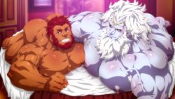 Rule 34 | 2boys, armpit hair, ass, bara, beard, blue skin, bursting pectorals, colored skin, completely nude, dark skin, dark-skinned male, facial hair, fate/grand order, fate (series), full body, glowing, glowing eyes, hair intakes, highres, indoors, interracial, iskandar (fate), konohanaya, large pectorals, long hair, looking at viewer, lying, male focus, mature male, monster boy, multiple boys, muscular, muscular male, nipples, nude, on stomach, pale skin, pectoral docking, pectoral press, pectorals, red eyes, red hair, short hair, smile, thick thighs, thighs, veins, white hair, zeus (fate)