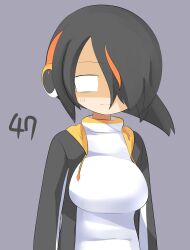 Rule 34 | 1girl, black hair, black jacket, blank eyes, breasts, closed mouth, commentary request, emperor penguin (kemono friends), frown, grey background, hair between eyes, hair over one eye, headphones, highres, jacket, kemono friends, large breasts, lets0020, long bangs, multicolored hair, numbered, one-piece swimsuit, open clothes, open jacket, orange hair, shaded face, short hair, simple background, solo, streaked hair, swimsuit, upper body, white one-piece swimsuit