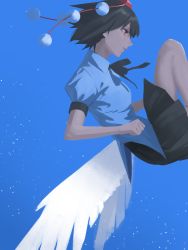 Rule 34 | 1girl, amino (tn7135), bad id, bad pixiv id, black hair, black skirt, blue background, breasts, clenched hand, hat, legs up, light particles, lips, looking afar, low wings, nose, red eyes, ribbon, shameimaru aya, short hair, short sleeves, simple background, skirt, small breasts, solo, tokin hat, touhou, white wings, wind, wings