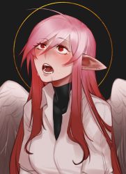 Rule 34 | 1girl, :o, absurdres, ahoge, angel wings, black background, black bodysuit, blush, bodysuit, commentary, drooling, english commentary, hair between eyes, haohi (less), heart, heart in eye, highres, less, long hair, looking away, looking up, original, pointy ears, red eyes, red hair, saliva, shirt, sidelocks, simple background, solo, symbol in eye, upper body, white shirt, wings